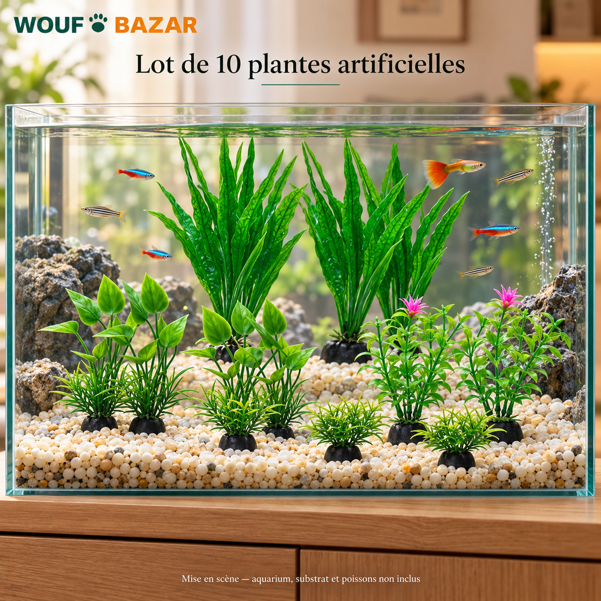Lot de 10 plantes artificielles vertes et roses pour aquarium, mise en scène avec poissons
