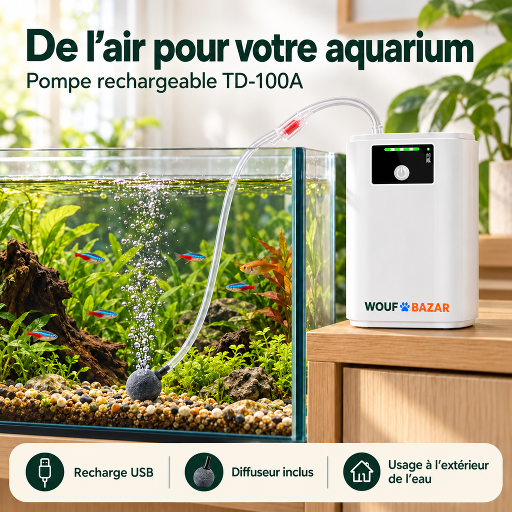 Pompe TD-100A à l’extérieur de l’aquarium, reliée au diffuseur immergé — mise en situation WOUF BAZAR