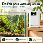 Pompe TD-100A à l’extérieur de l’aquarium, reliée au diffuseur immergé — mise en situation WOUF BAZAR