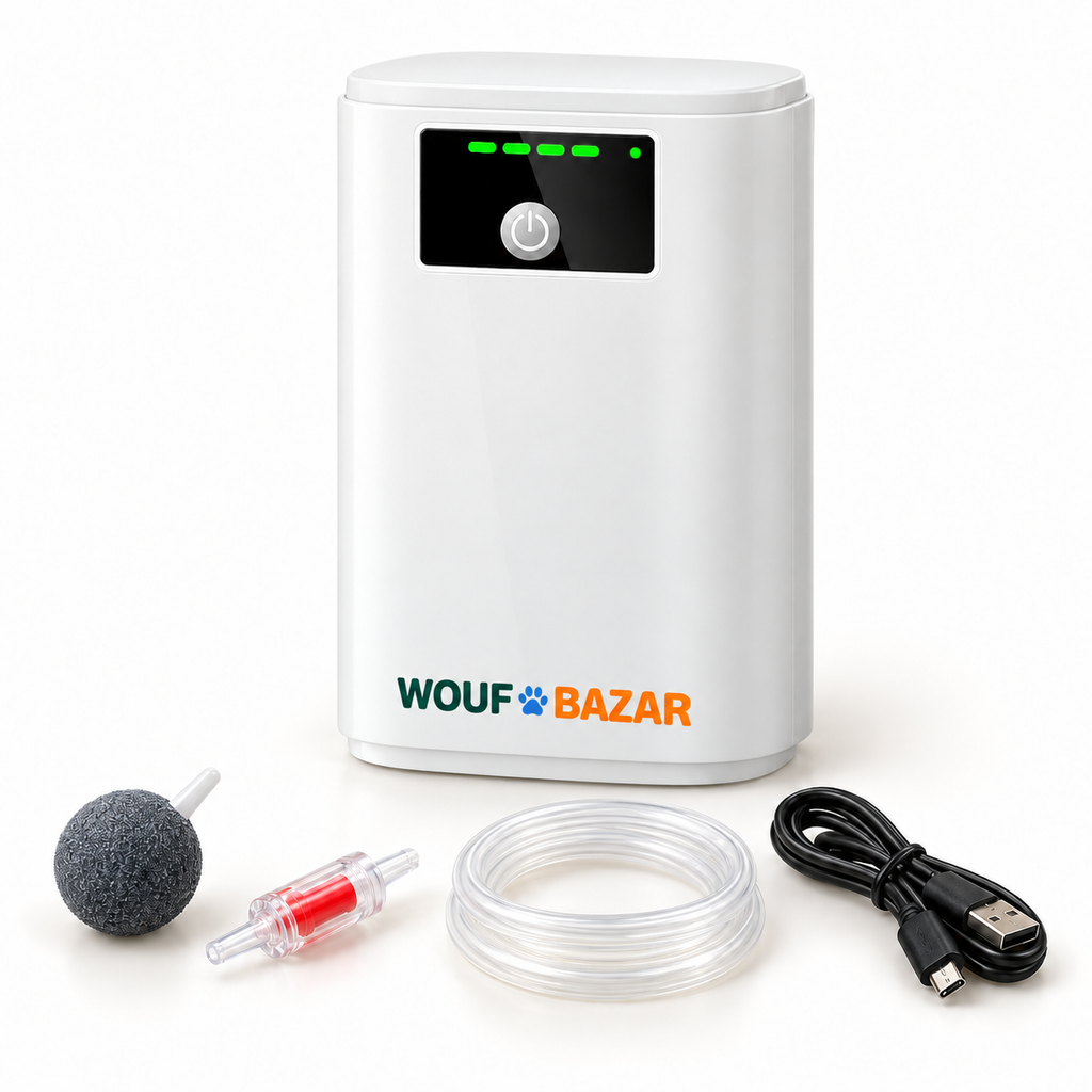 Kit pompe à air rechargeable TD-100A avec diffuseur, tuyau, clapet et câble USB — visuel WOUF BAZAR
