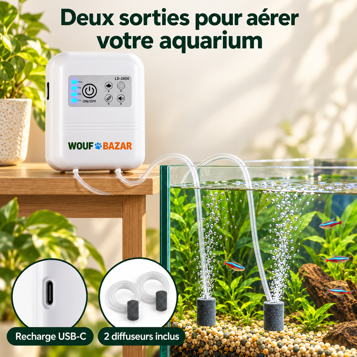 Pompe LD-2800 à deux sorties installée au sec au-dessus de l’aquarium, avec deux diffuseurs immergés — visuel WOUF BAZAR