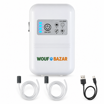 Pompe blanche LD-2800 à deux sorties avec deux tuyaux, deux diffuseurs et câble USB — visuel WOUF BAZAR