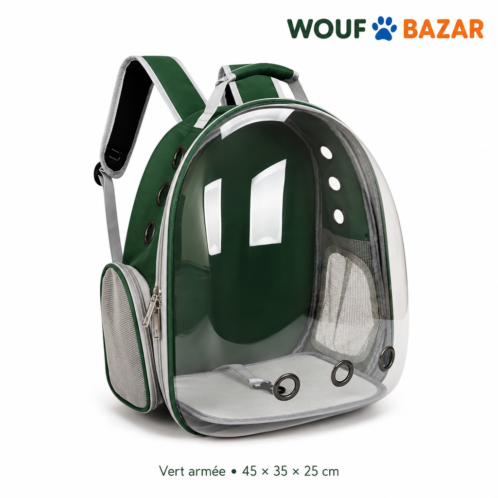 Sac à dos transparent pour chat, modèle vert armée 45 × 35 × 25 cm — WOUF BAZAR