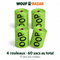 Lot vert WOUF BAZAR de quatre rouleaux de quinze sacs, soit soixante sacs au total.