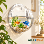 Vase mural transparent mis en scène avec poissons artificiels, plantes et galets non inclus — visuel WOUF BAZAR